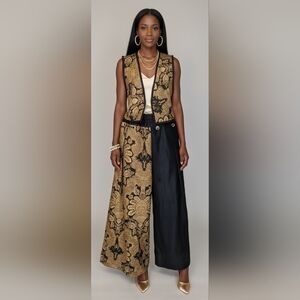 Handmade Boho Damask Vest & Wide-Leg Pants Set | Black & Gold
